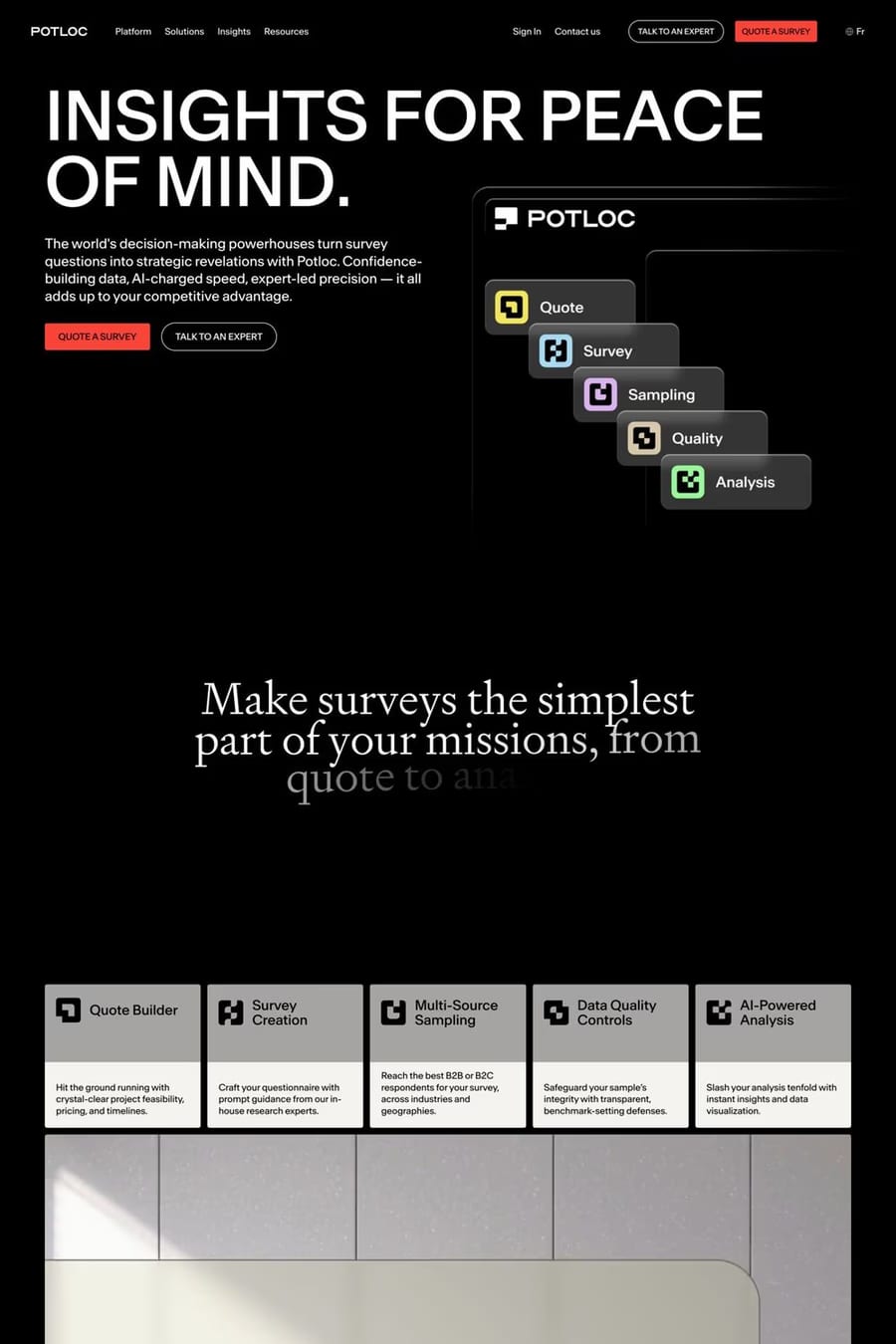 Potloc — screenshot of a data landing page in black and red, with serif type and sans-serif type