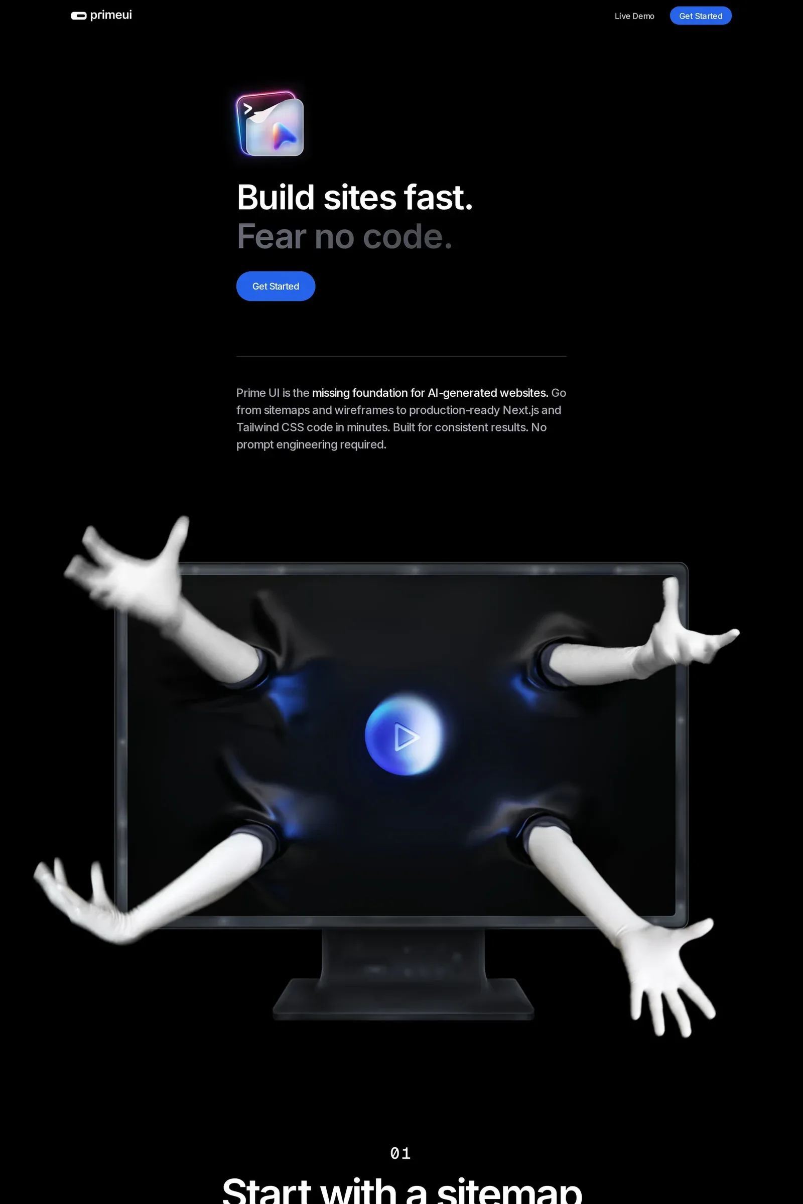 Prime UI — screenshot of a dark development landing page in black and blue