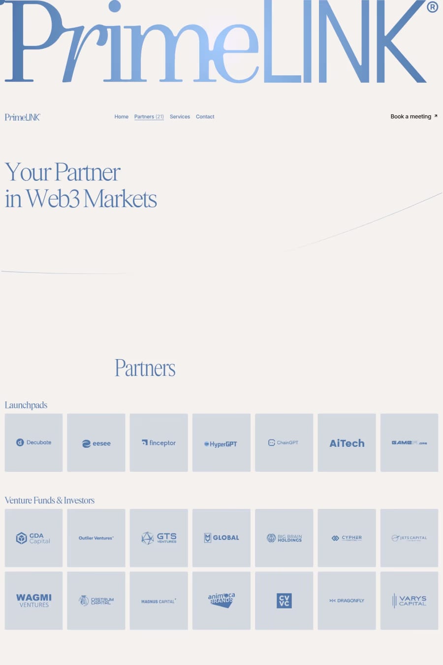 PrimeLink — screenshot of a monochrome Web3 and crypto landing page in light grey and blue