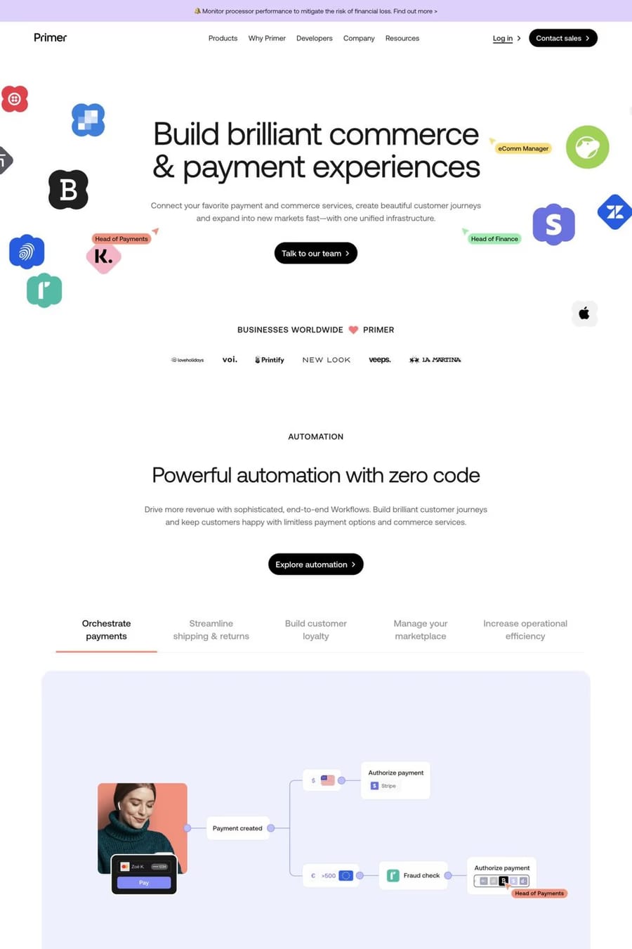 Primer — screenshot of a colourful, pastel finance landing page in white and light purple