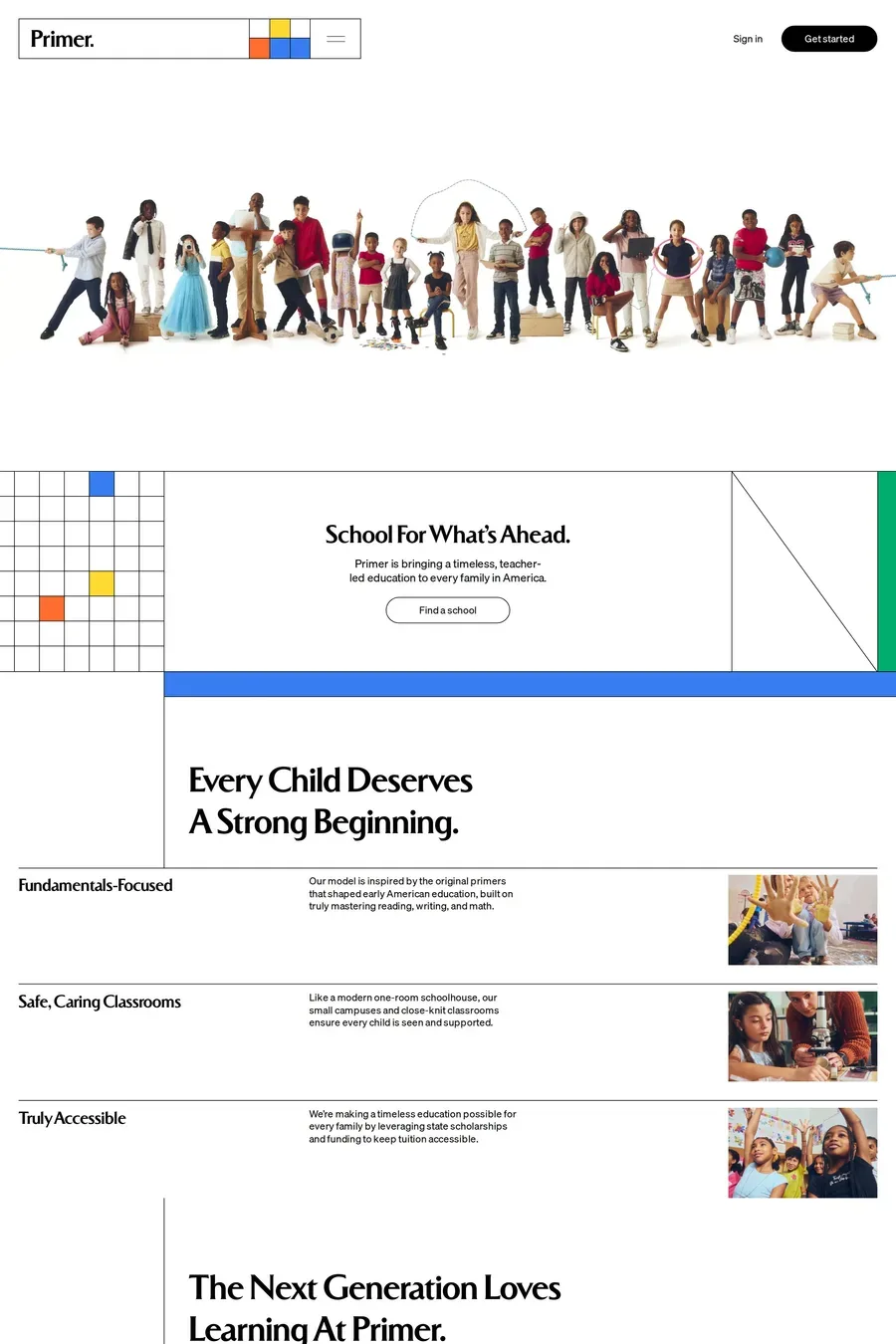 Primer — screenshot of a colourful education landing page in white and yellow