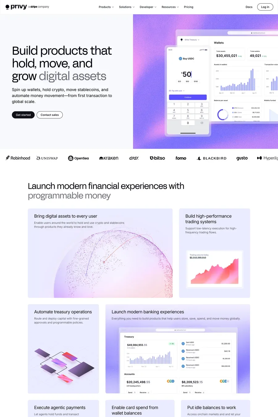 Privy — screenshot of a techy, detailed Web3 and crypto landing page in white and light purple