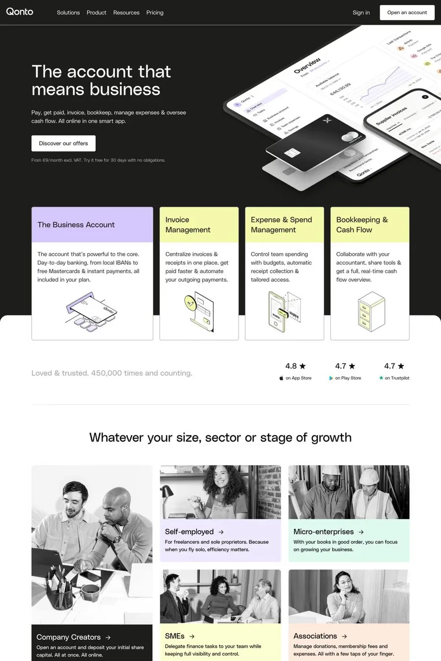 Qonto — screenshot of an isometric, pastel finance landing page in black and white