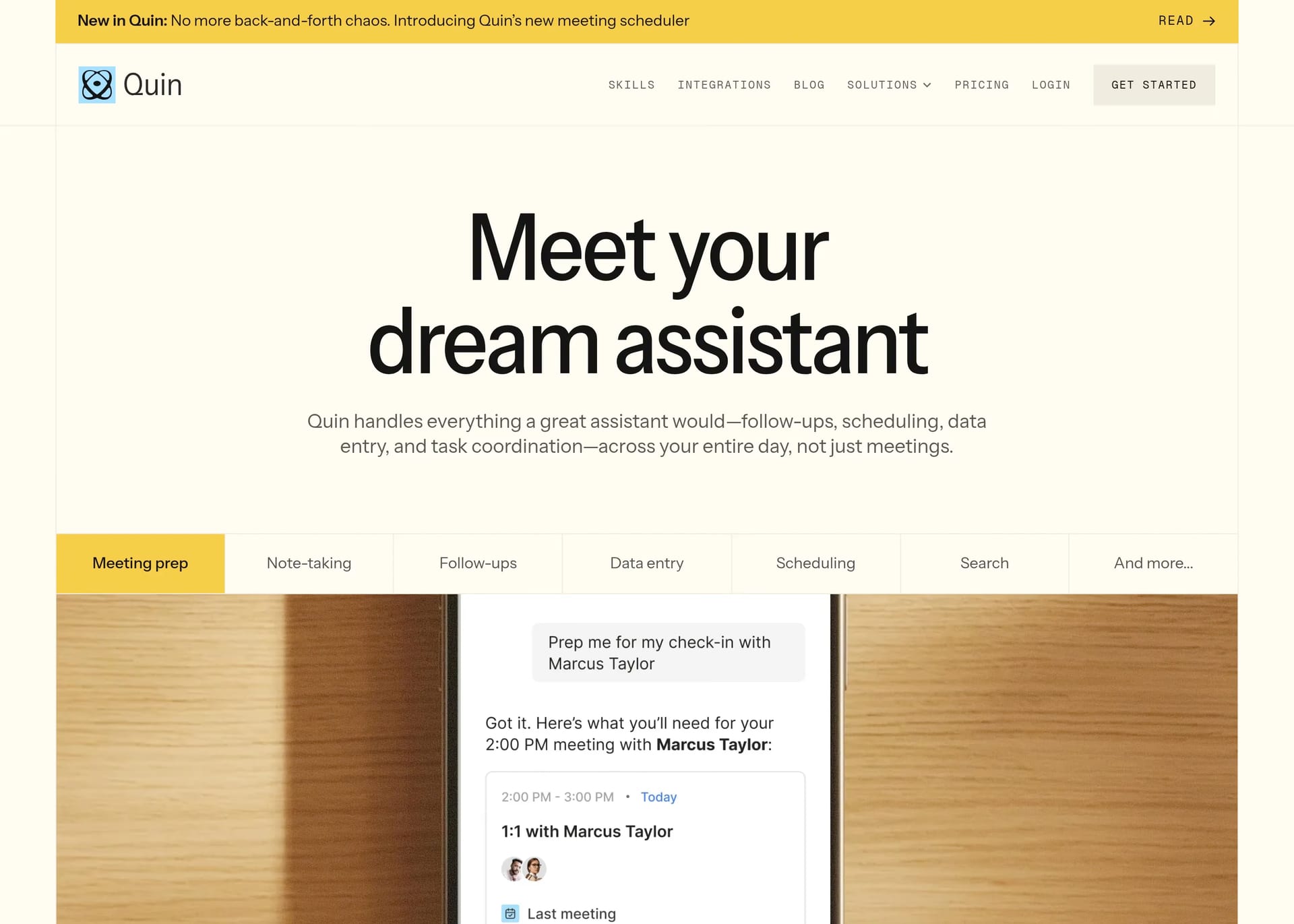 Quin — screenshot of a colourful AI landing page in beige and yellow