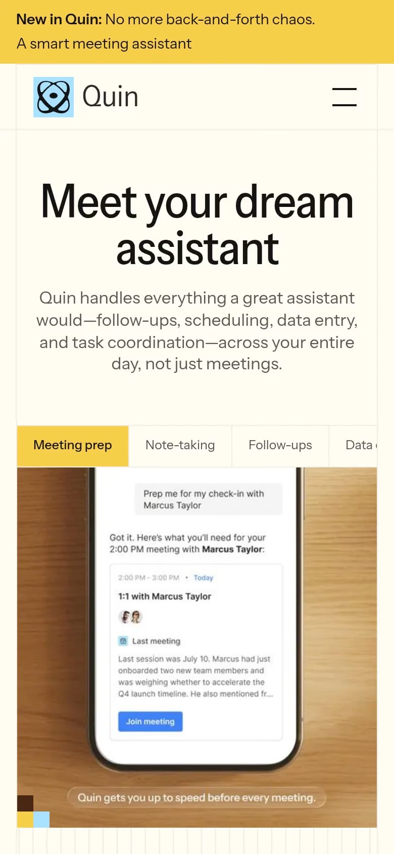 Quin — mobile screenshot of a colourful AI landing page in beige and yellow