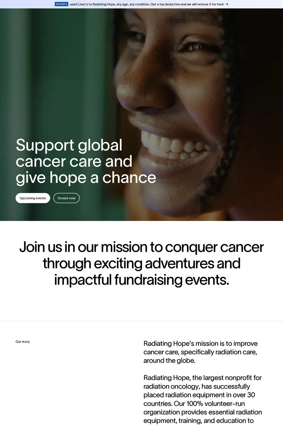 Radiating Hope — screenshot of a typographic, neutral charity landing page in black and white