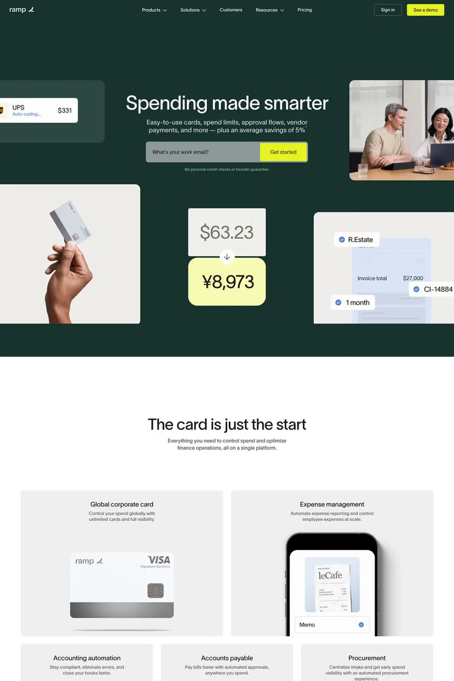 Ramp — screenshot of a finance landing page in green and yellow, with sans-serif type and photography