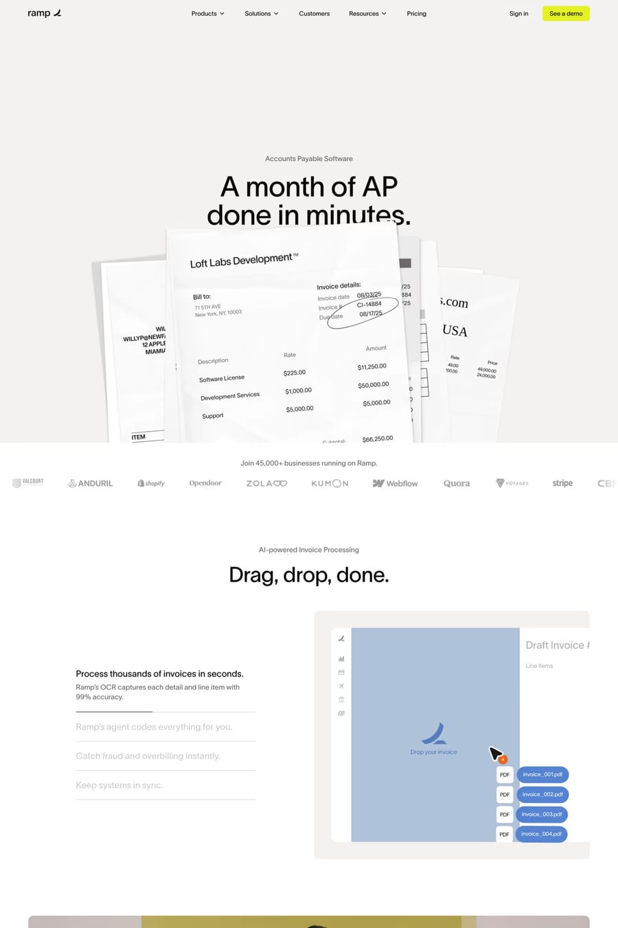 Ramp Accounts Payable — screenshot of a clean, minimal finance landing page in green and white
