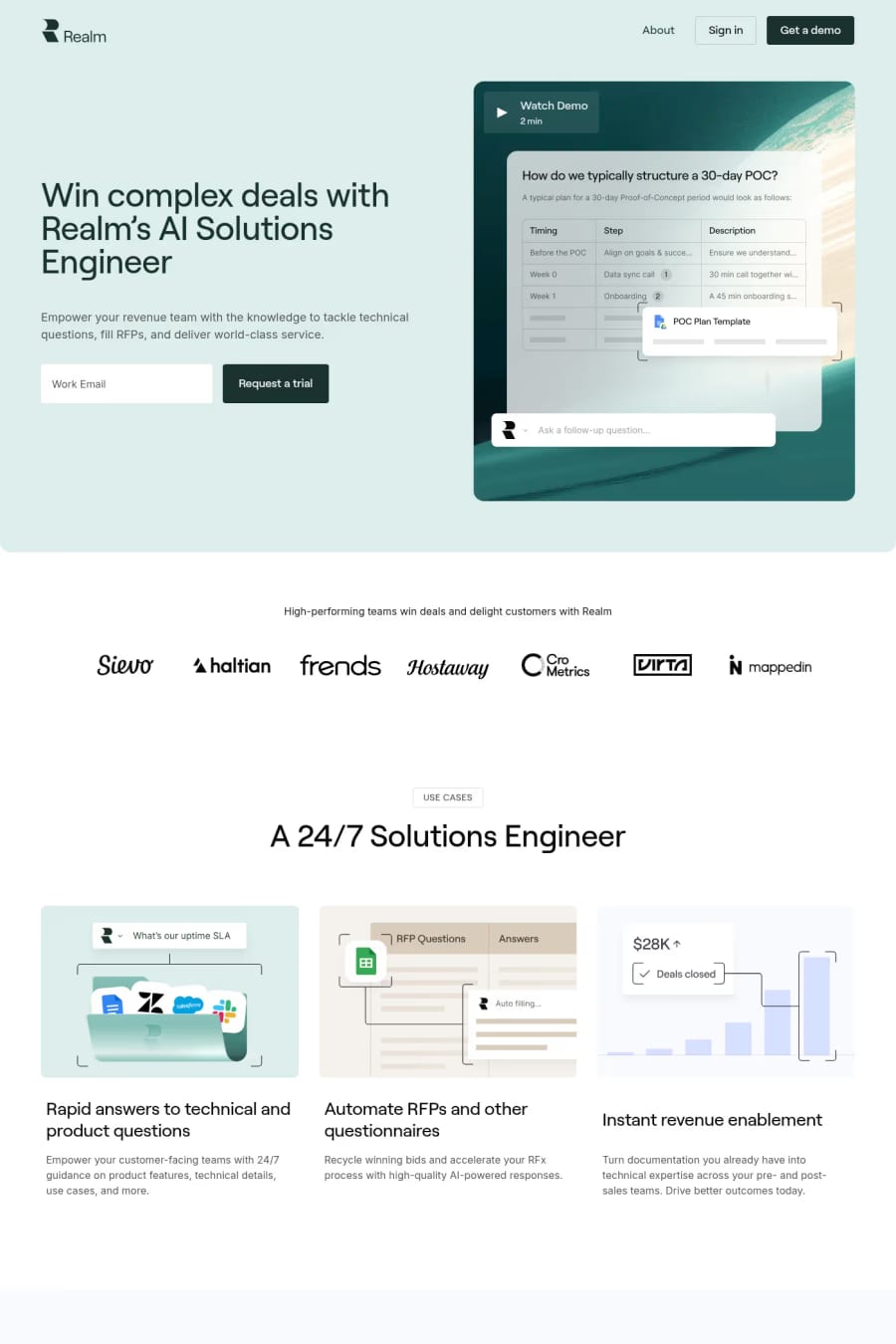 Realm — screenshot of a pastel AI landing page in light green and dark green