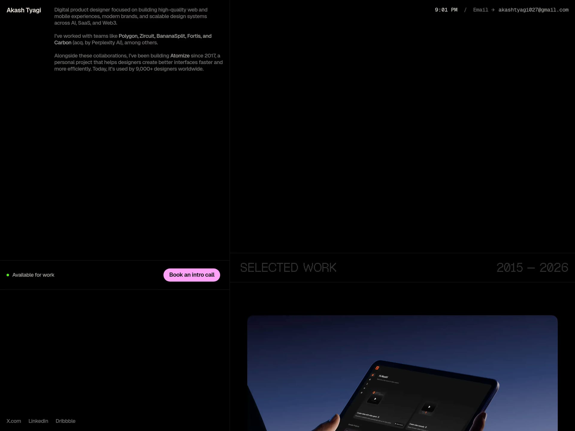 Akash Tyagi — screenshot of a dark, minimal design portfolio site in black and pink