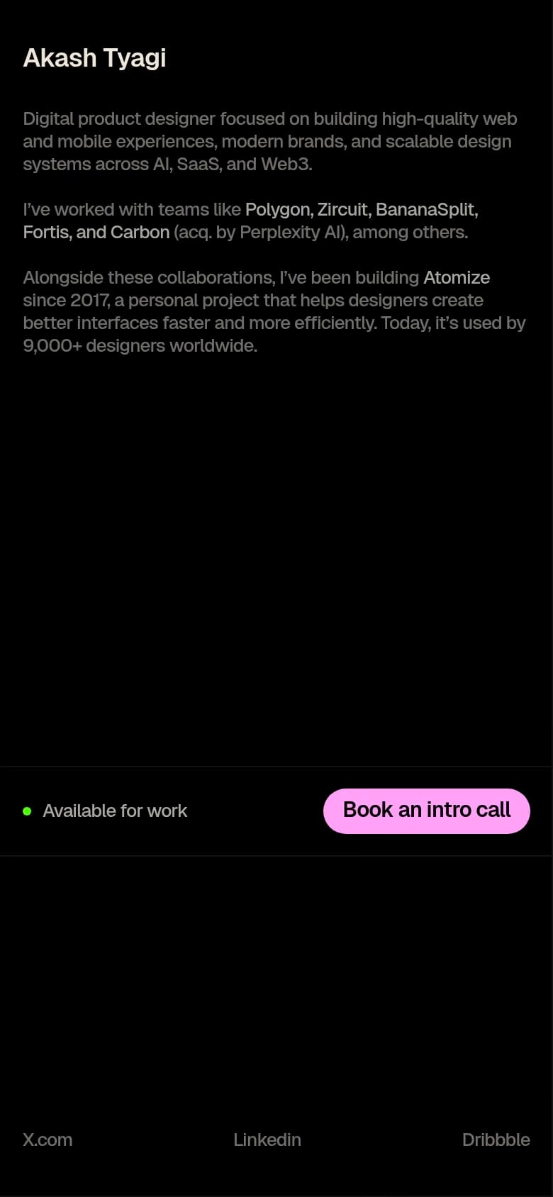 Akash Tyagi — mobile screenshot of a dark, minimal design portfolio site in black and pink
