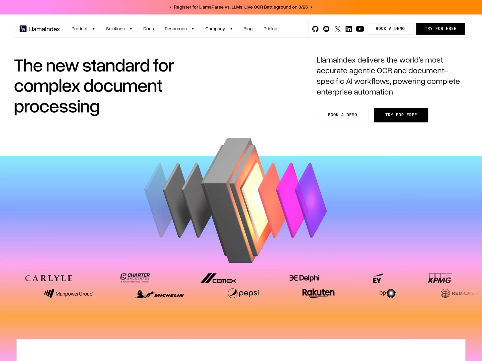 LlamaIndex — screenshot of a colourful AI landing page in white and black