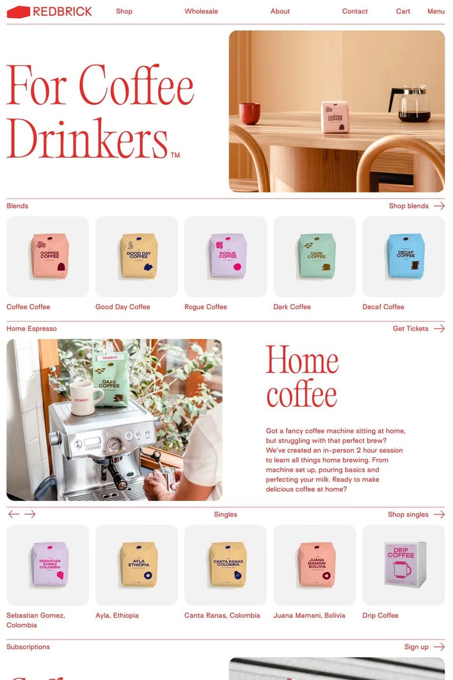 Redbrick — screenshot of a typographic, monochrome food and drink online shop in red and white