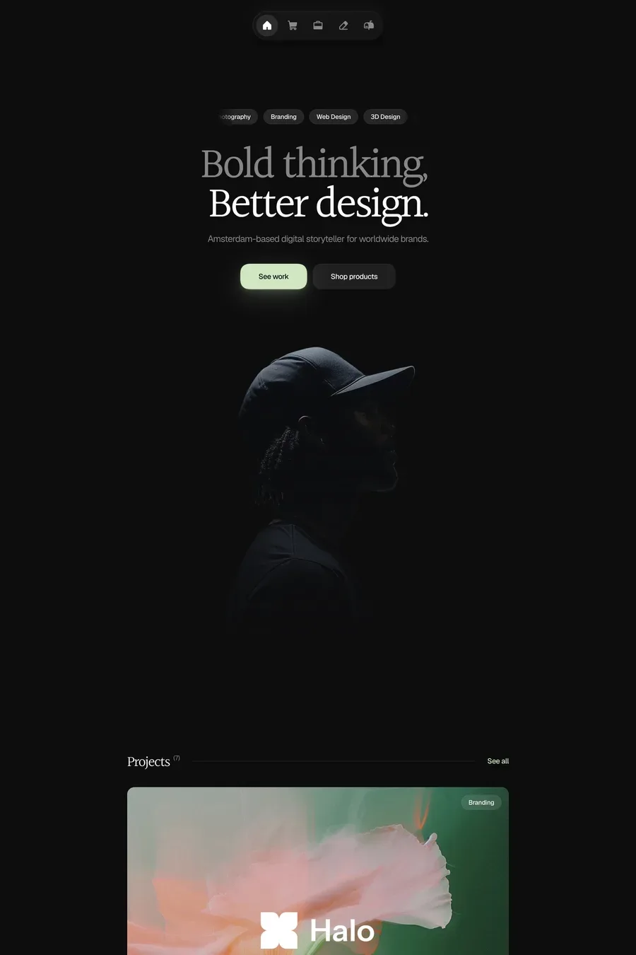Refined — screenshot of a dark, typographic design portfolio template in black and white