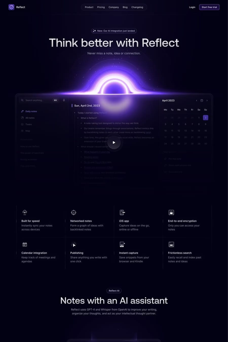 Reflect — screenshot of a detailed productivity landing page in dark blue and purple