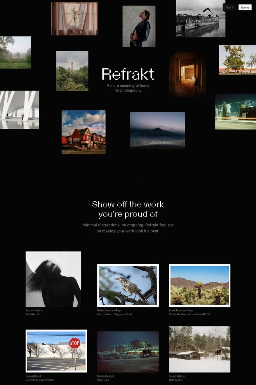 Refrakt — screenshot of a dark photography landing page in black and light green