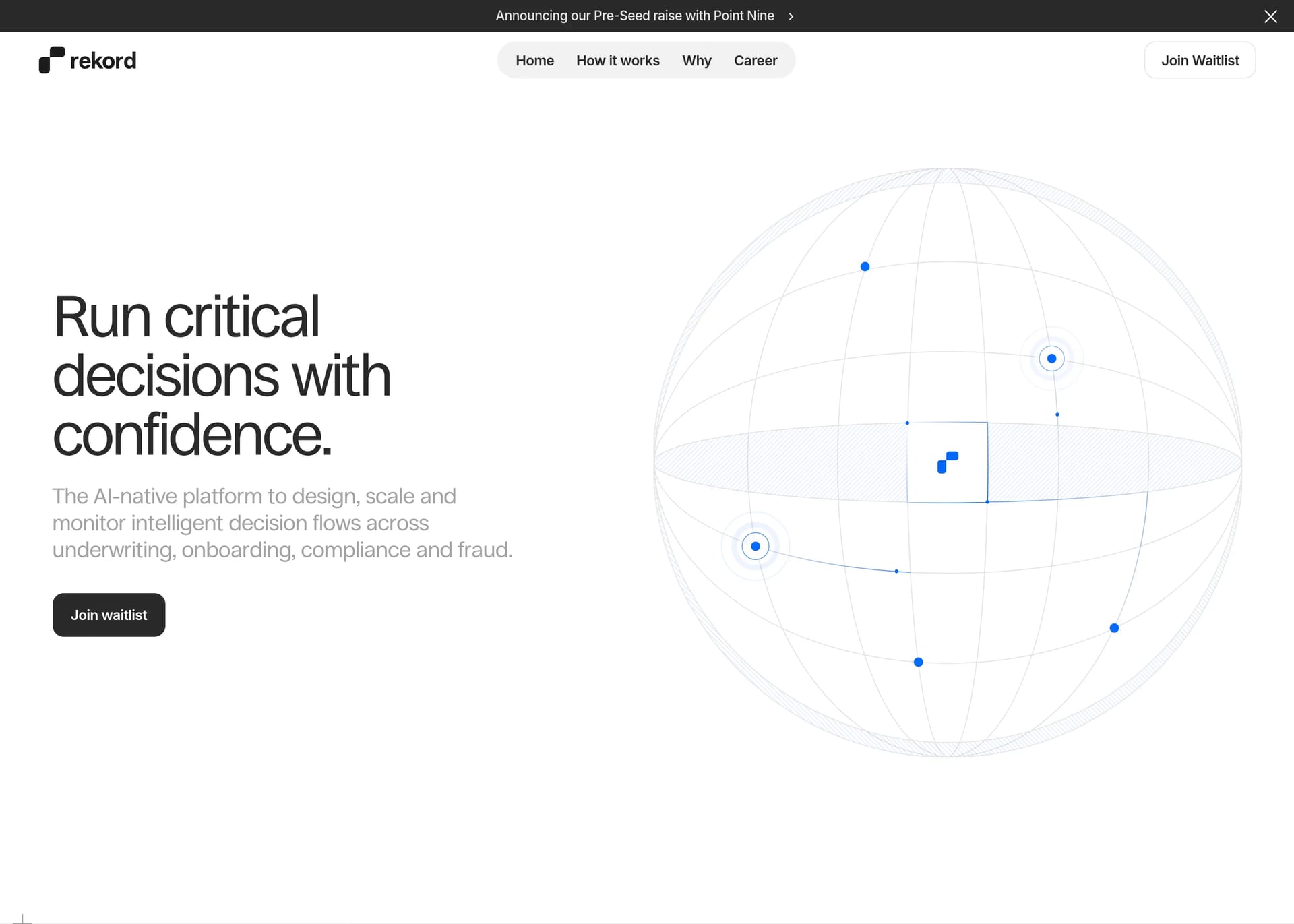 Rekord — screenshot of a clean, minimal finance landing page in white and blue