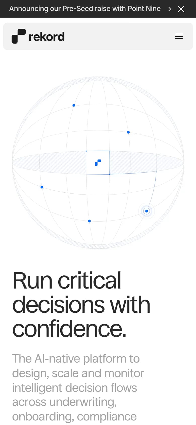 Rekord — mobile screenshot of a clean, minimal finance landing page in white and blue