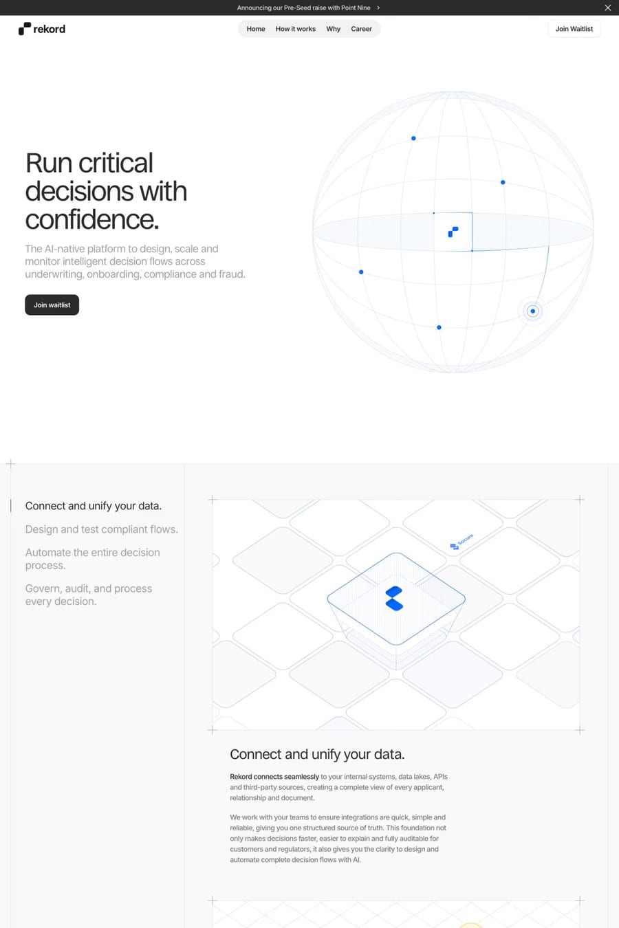 Rekord — screenshot of a clean, minimal finance landing page in white and blue