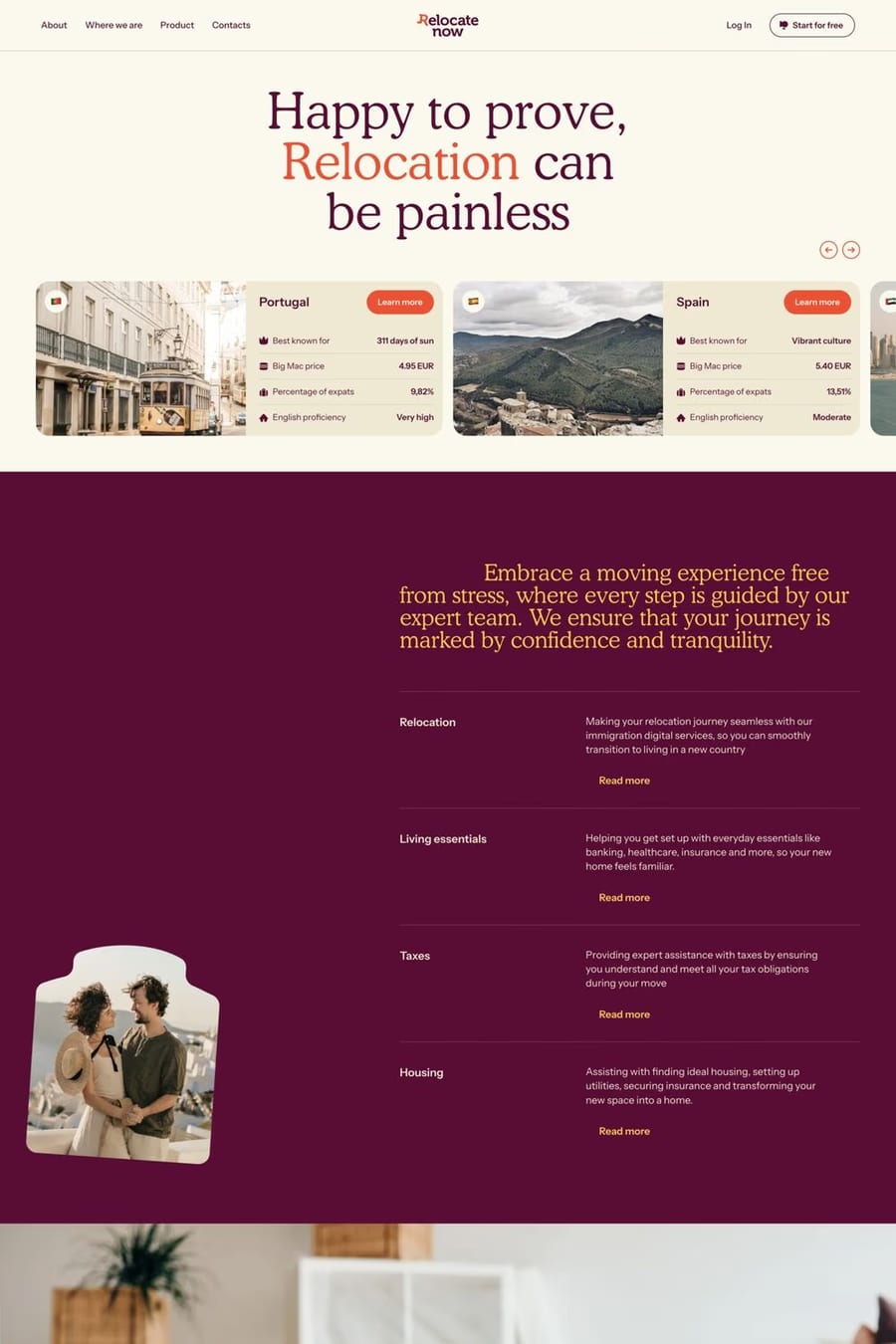 Relocate Now — screenshot of a travel landing page in dark red and orange, with serif type and big type