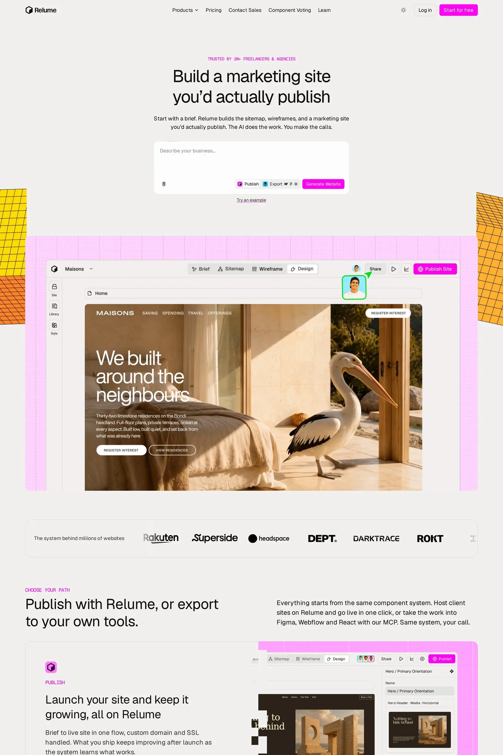 Relume — screenshot of a typographic, colourful design landing page in light grey and white
