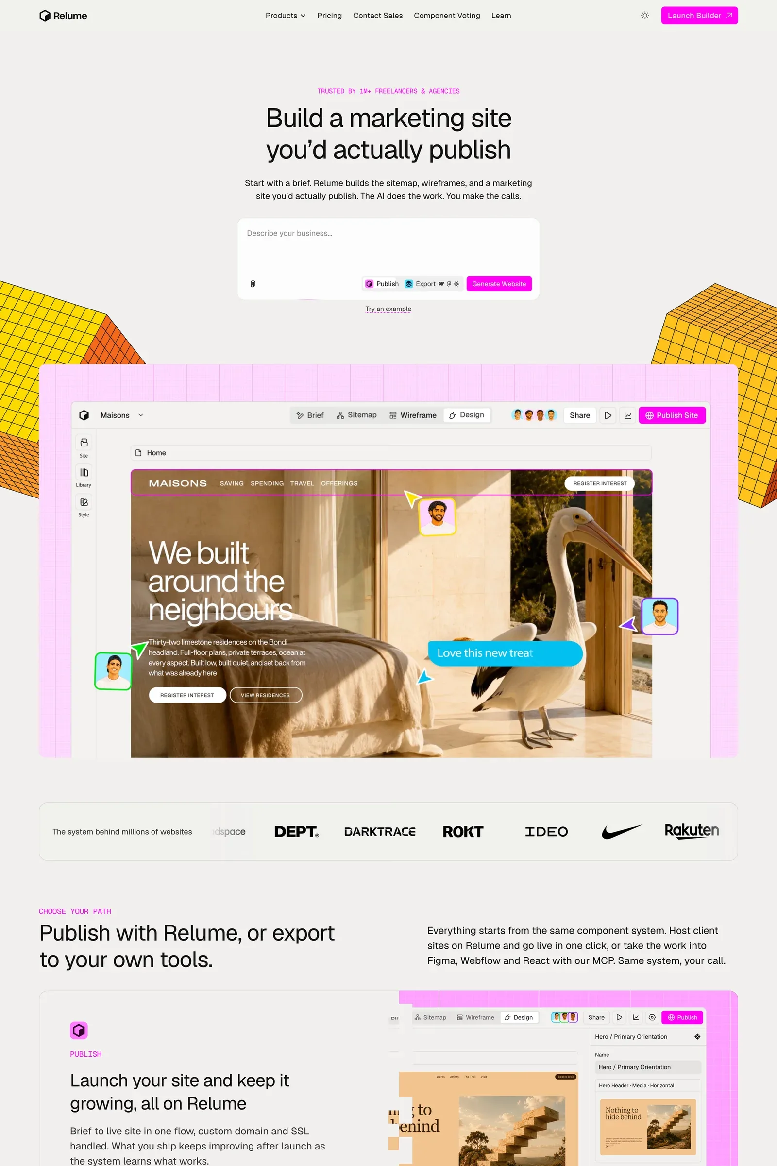 Relume — screenshot of a typographic, colourful design landing page in light grey and white