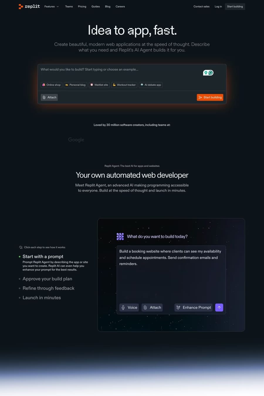 Replit — screenshot of a techy, dark AI landing page in dark blue and orange