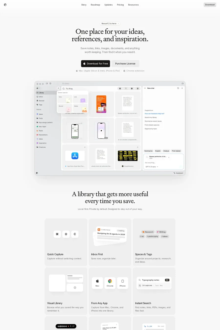 Resurf — screenshot of a light, typographic productivity landing page in light grey and white