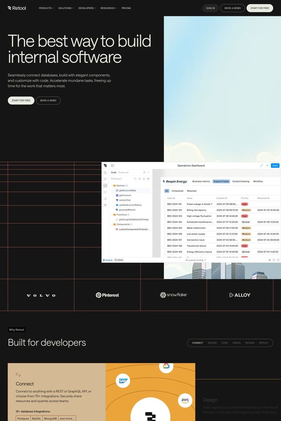 Retool — screenshot of a dark, techy development landing page in black and red