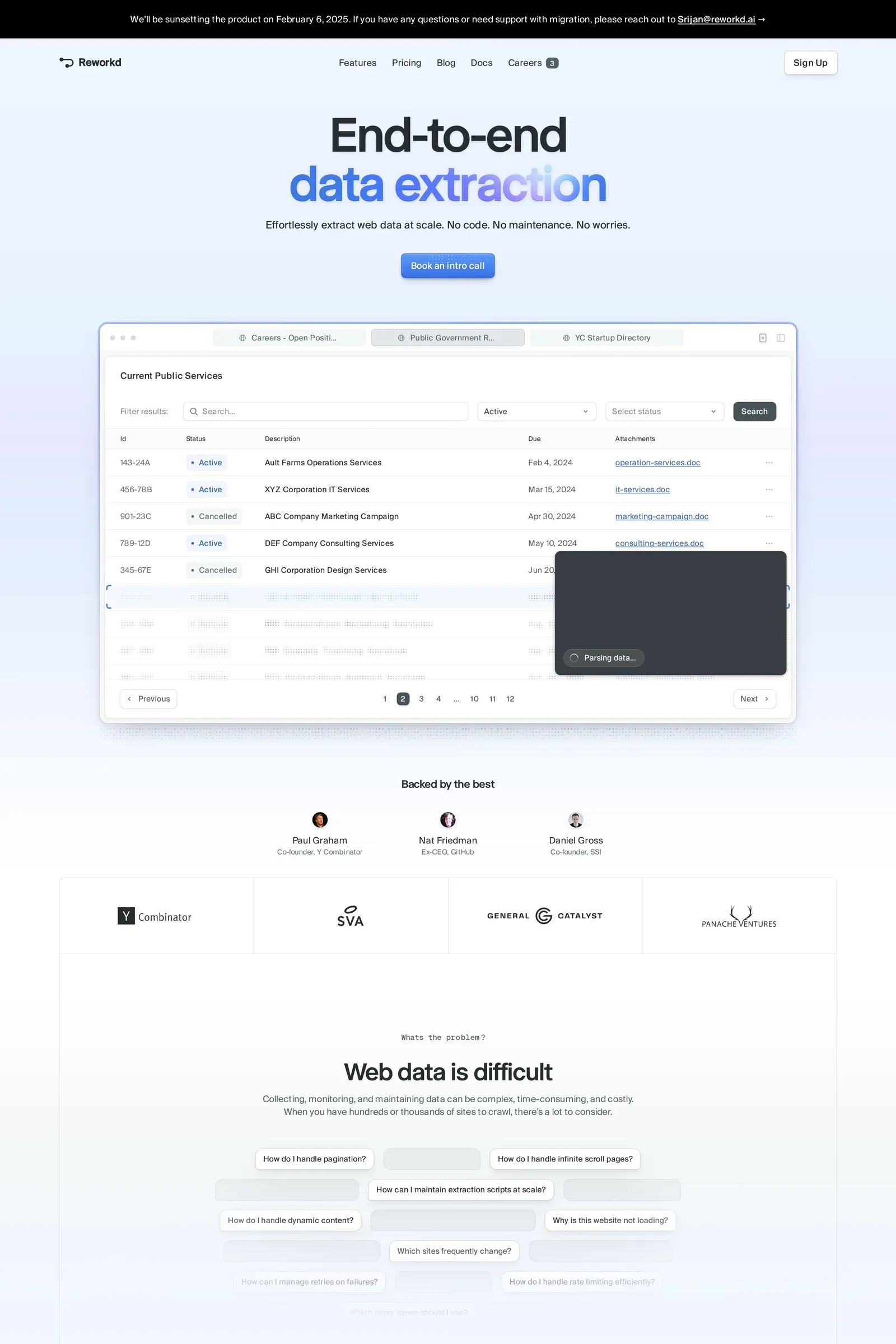 Reworkd — screenshot of a detailed development landing page in light blue and blue