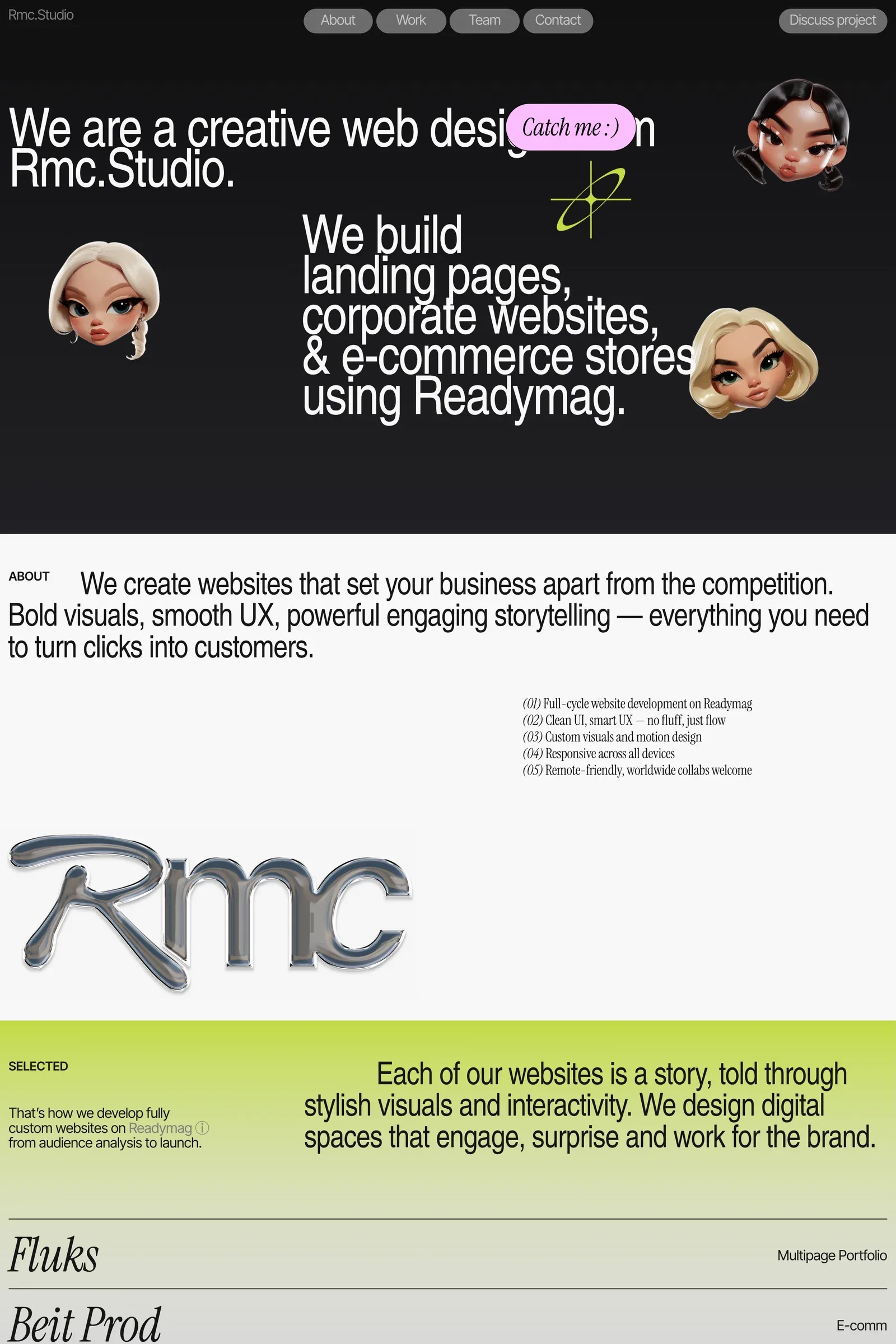 RmcStudio — screenshot of a 3D design agency site in light grey and light green