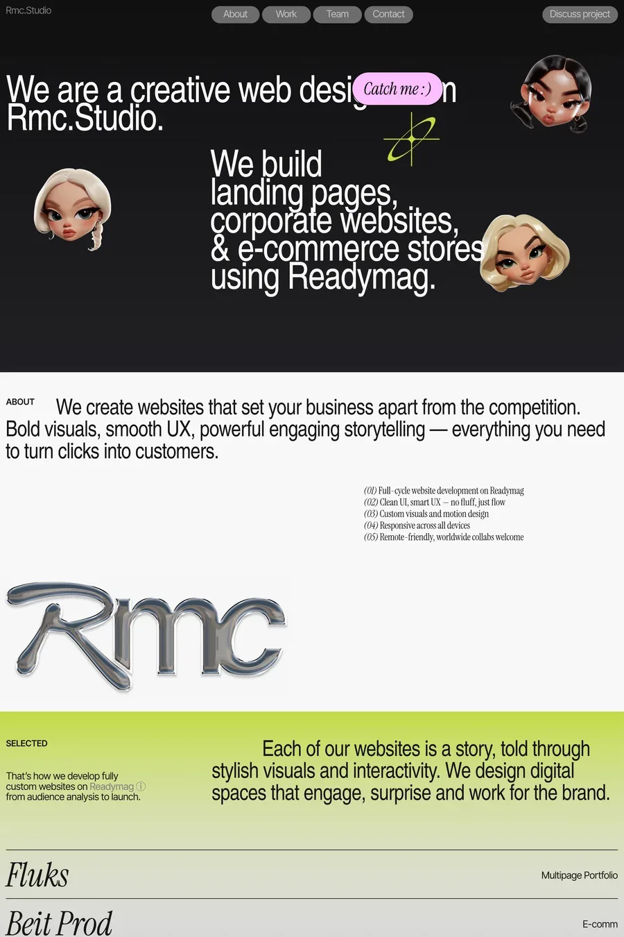 RmcStudio — screenshot of a 3D design agency site in light grey and light green