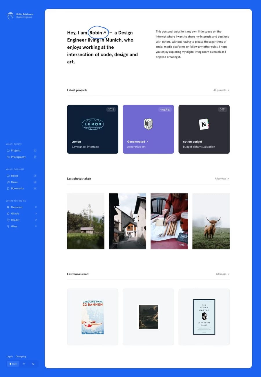 Robin Spielmann — screenshot of a hand-drawn design portfolio site in blue and white