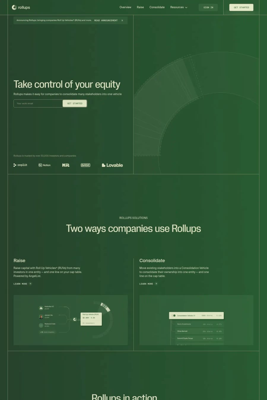 Rollups — screenshot of a monochrome, noisy finance landing page in dark green