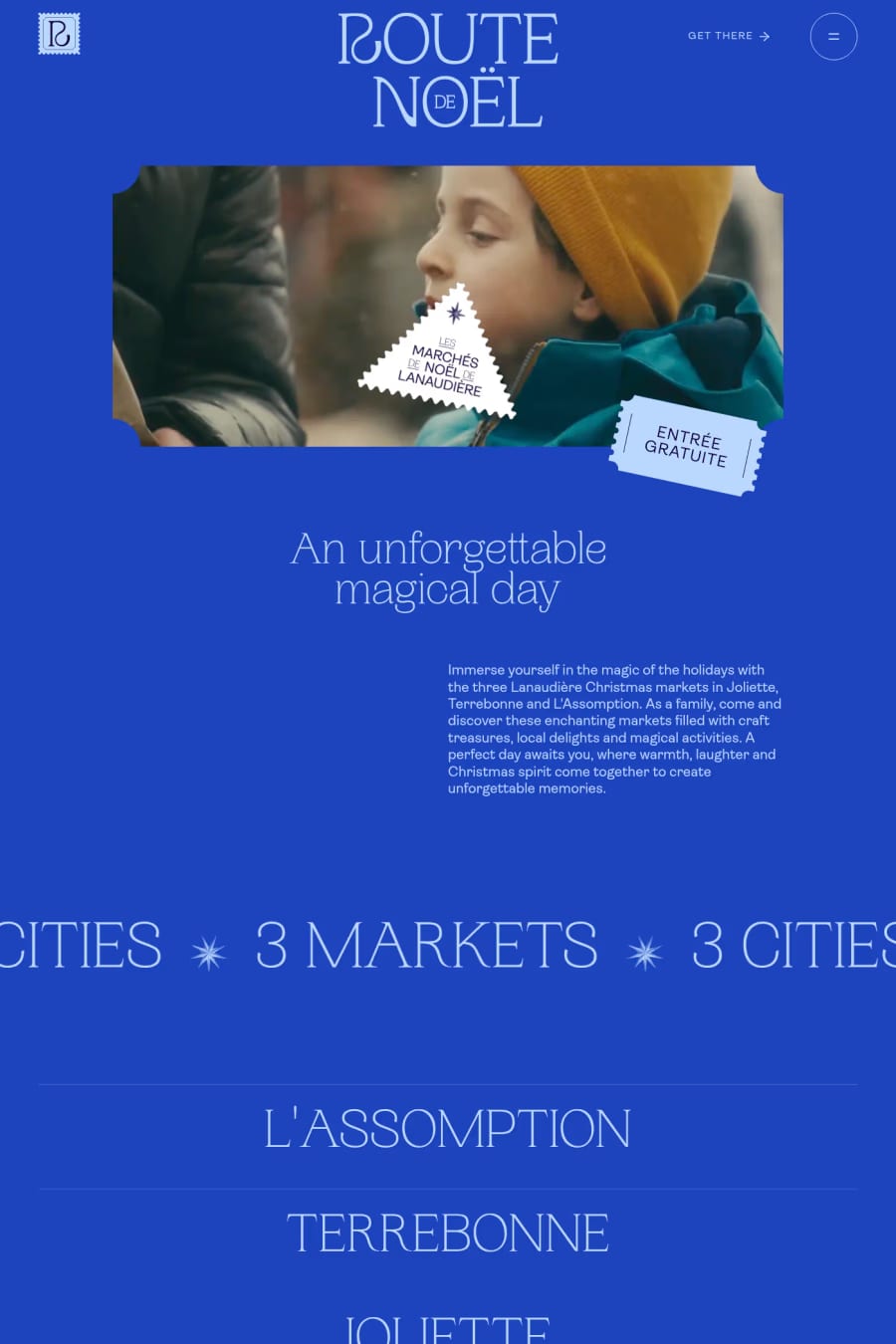 Route de Noël — screenshot of a typographic, colourful events landing page in dark blue and light blue