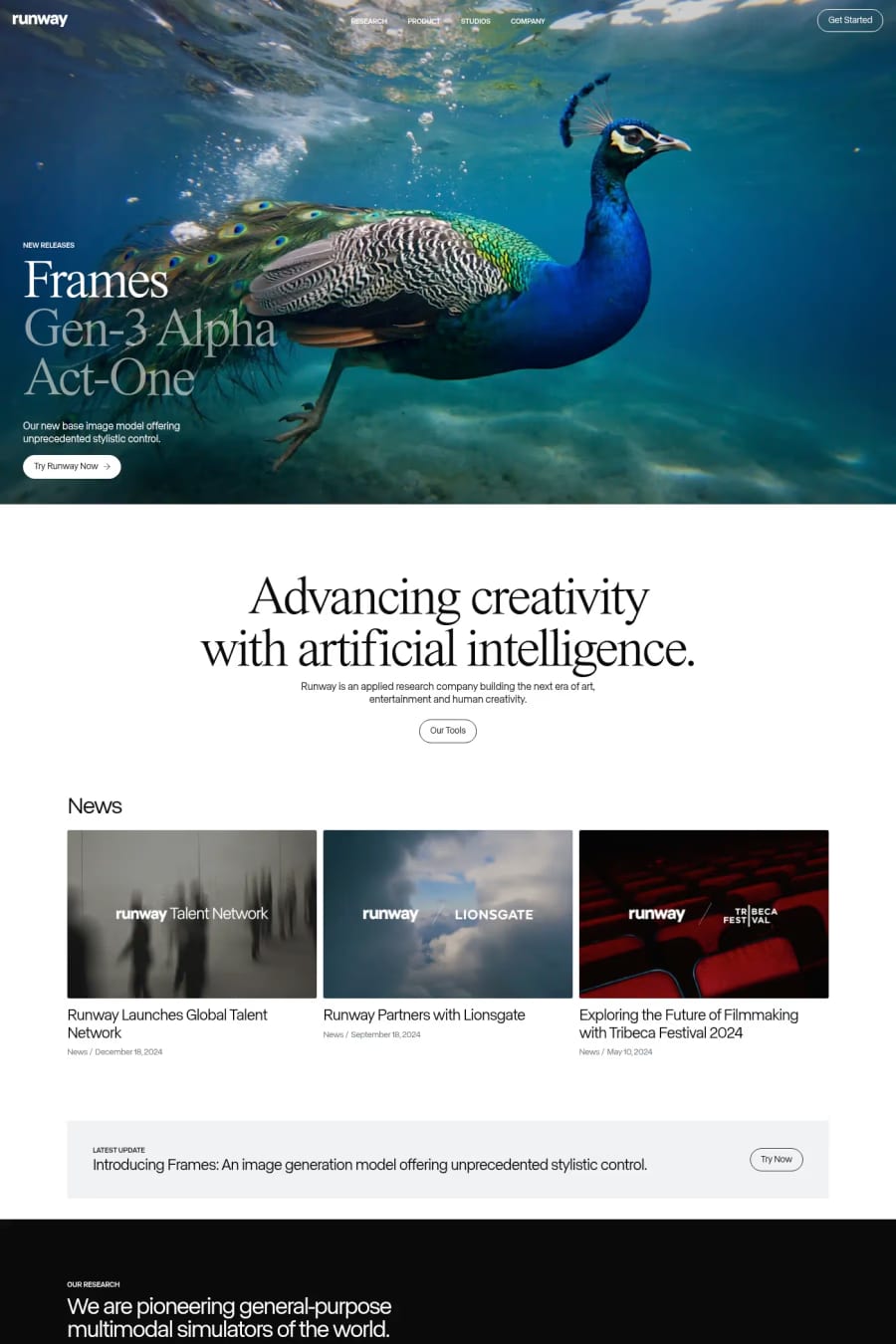 Runway — screenshot of a minimal technology landing page in white and light grey