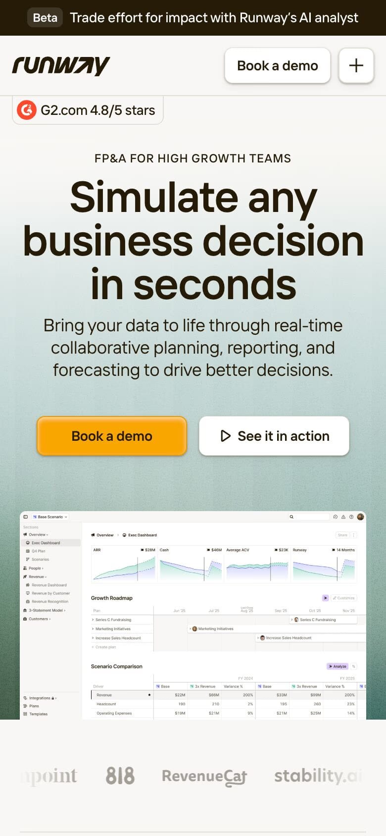 Runway — mobile screenshot of a skeuomorphic business landing page in orange and dark green