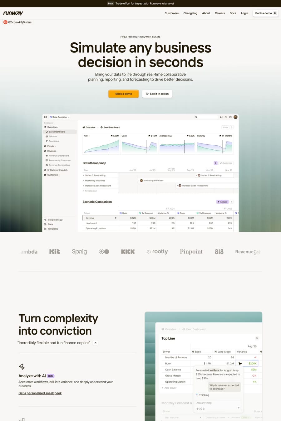 Runway — screenshot of a skeuomorphic business landing page in orange and dark green