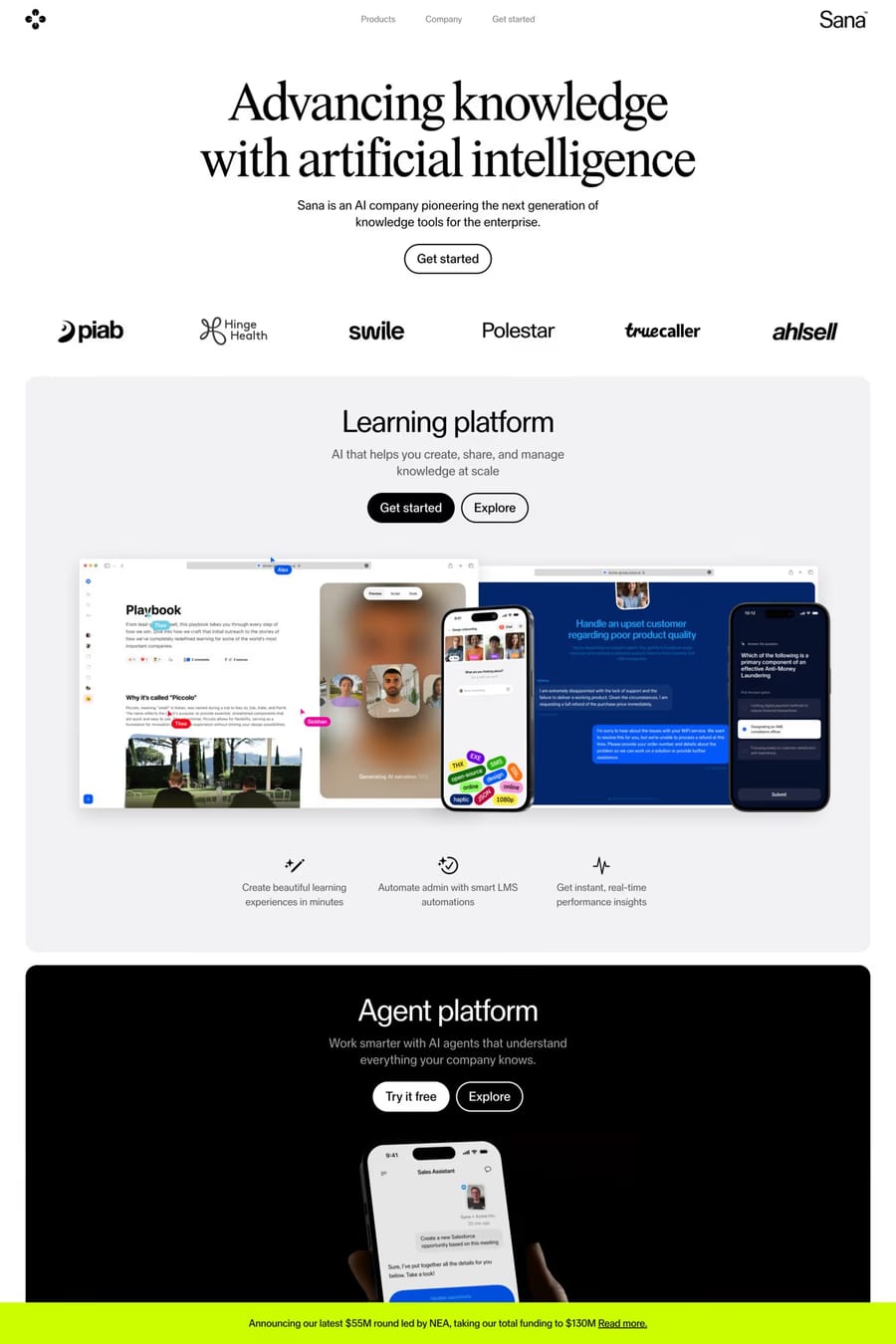 Sana — screenshot of a minimal, neon AI landing page in white and light grey