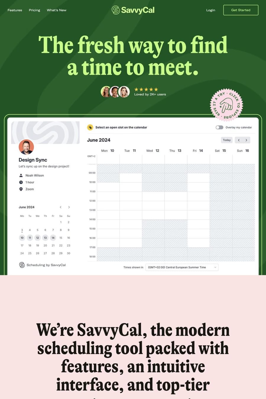 Savvy cal — screenshot of a colourful, fun productivity landing page in light green and dark green