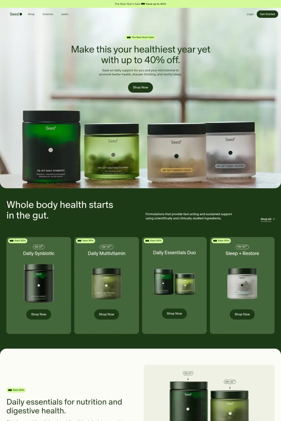 Seed — screenshot of a 3D health online shop in light green and dark green