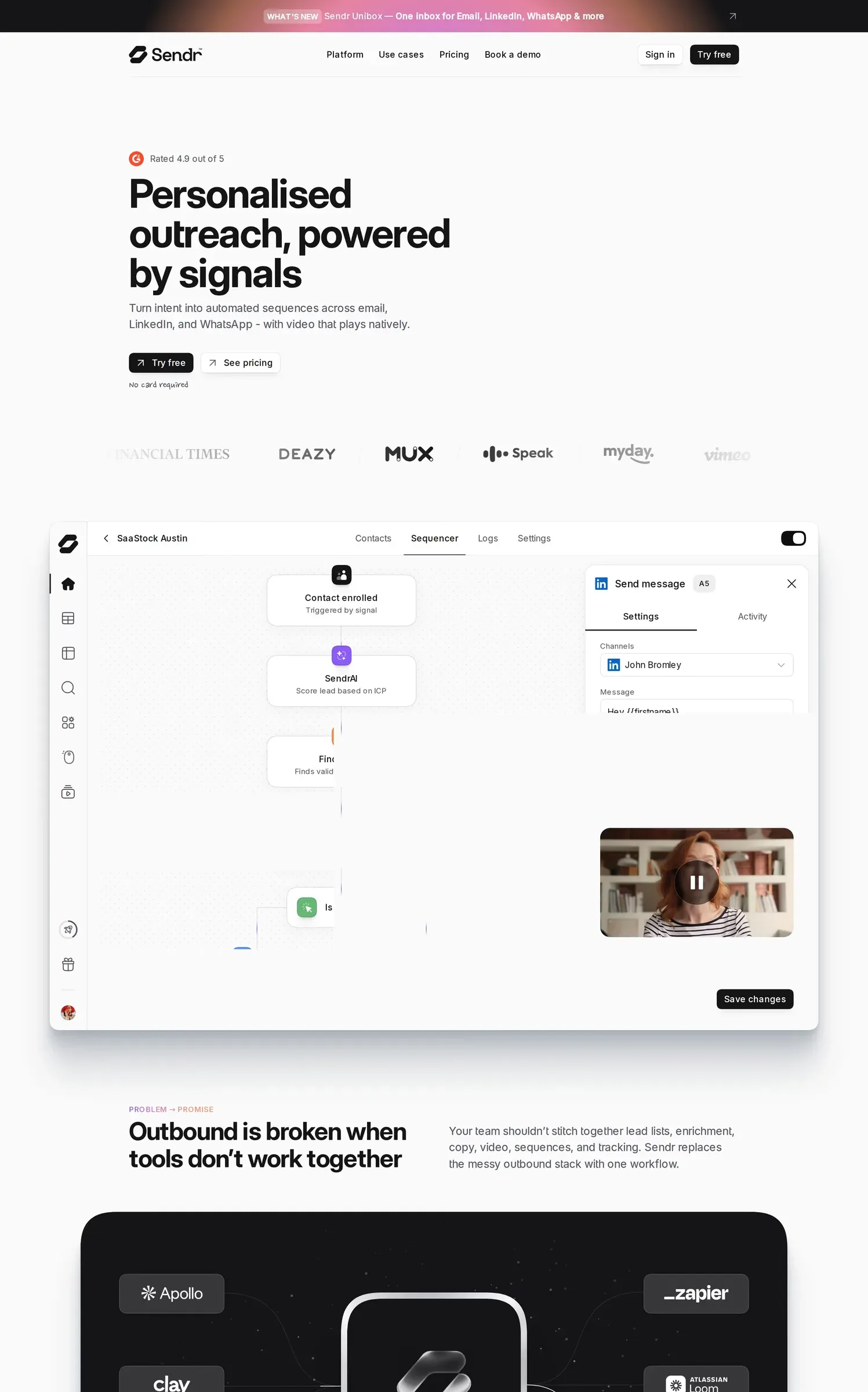 Sendr — screenshot of a minimal, clean marketing landing page in white and light grey