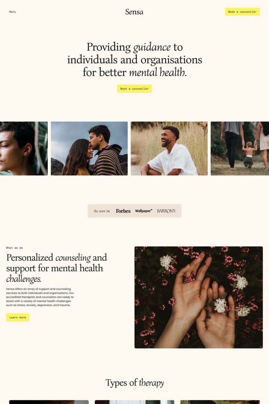 Sensa — screenshot of a minimal, light health landing page template in beige and yellow