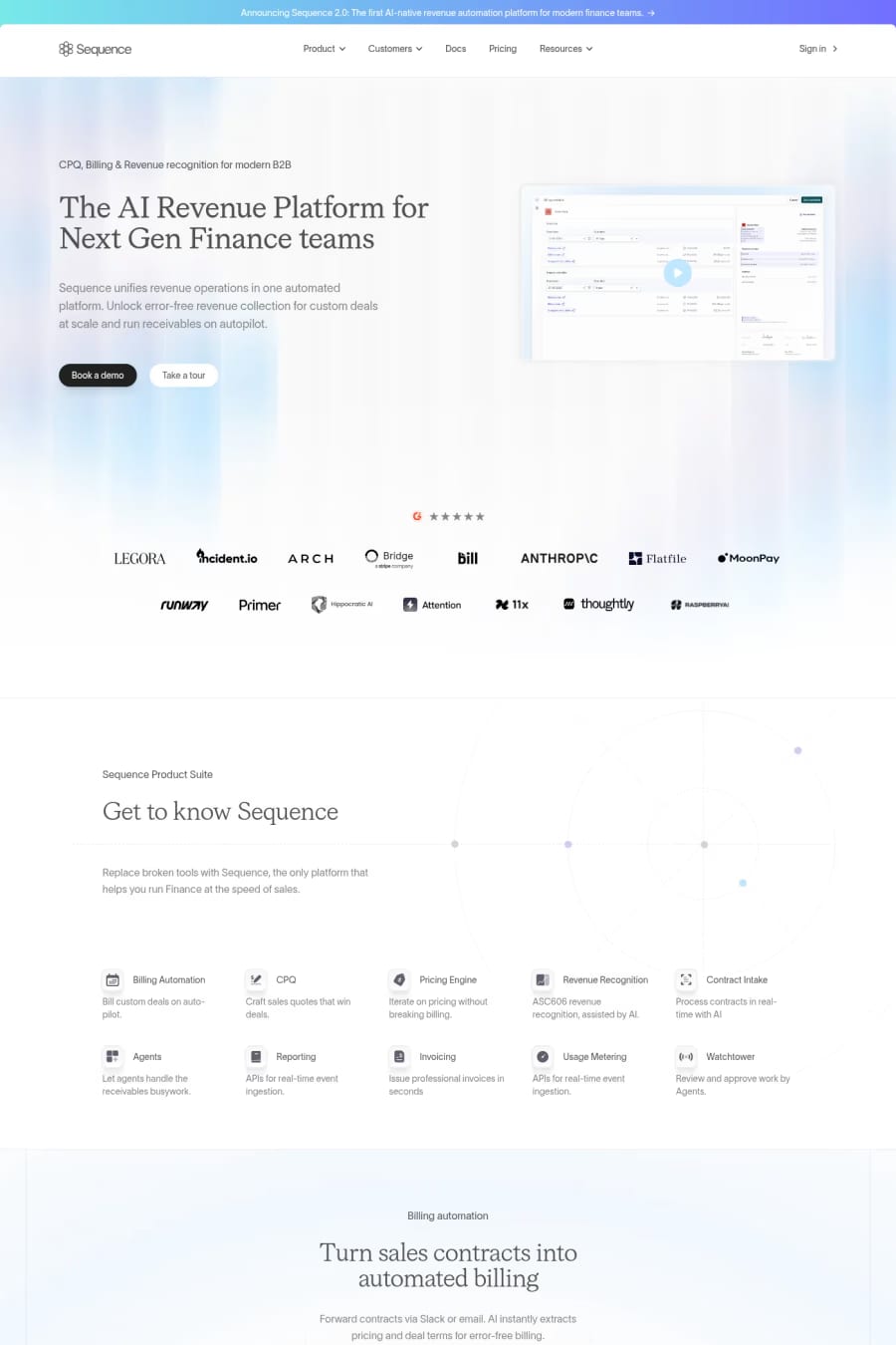 Sequence — screenshot of a clean, light finance landing page in white and dark blue