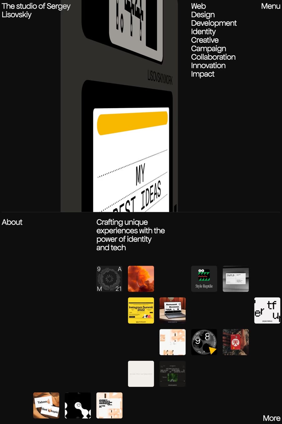 Sergey Lisovskiy — screenshot of a 3D design portfolio site in white and black