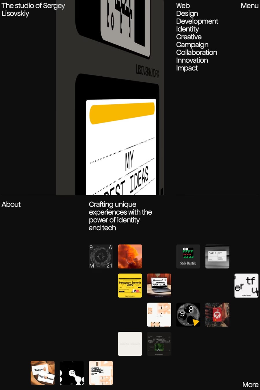 Sergey Lisovskiy — screenshot of a 3D design portfolio site in white and black