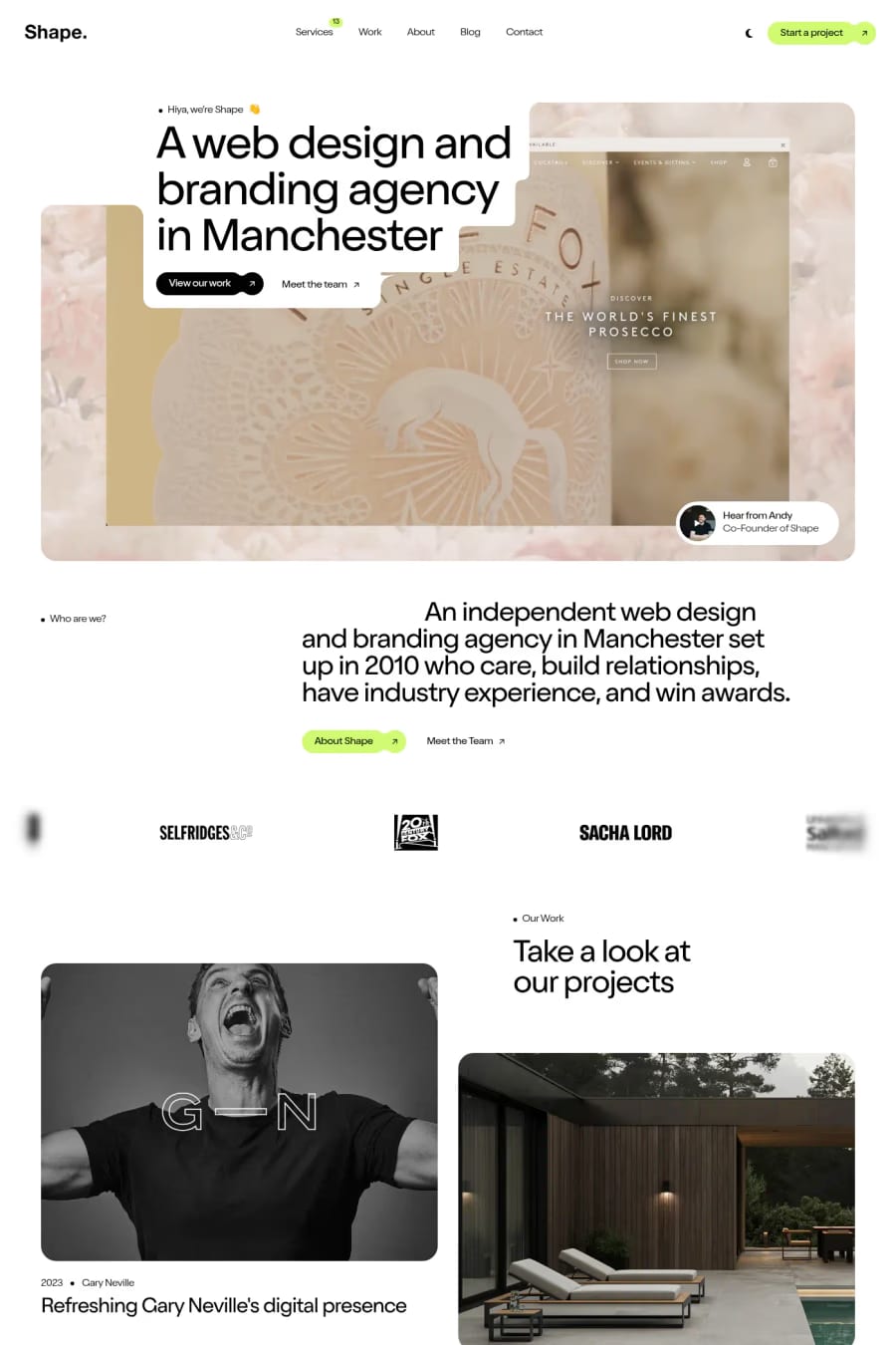 Shape — screenshot of a design agency site in white and black, with sans-serif type and geometric shapes