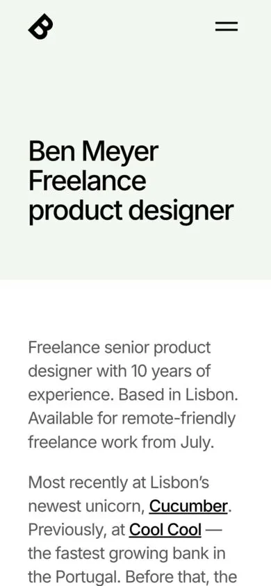 Sharp — mobile screenshot of a minimal, pastel design portfolio template in white and light green
