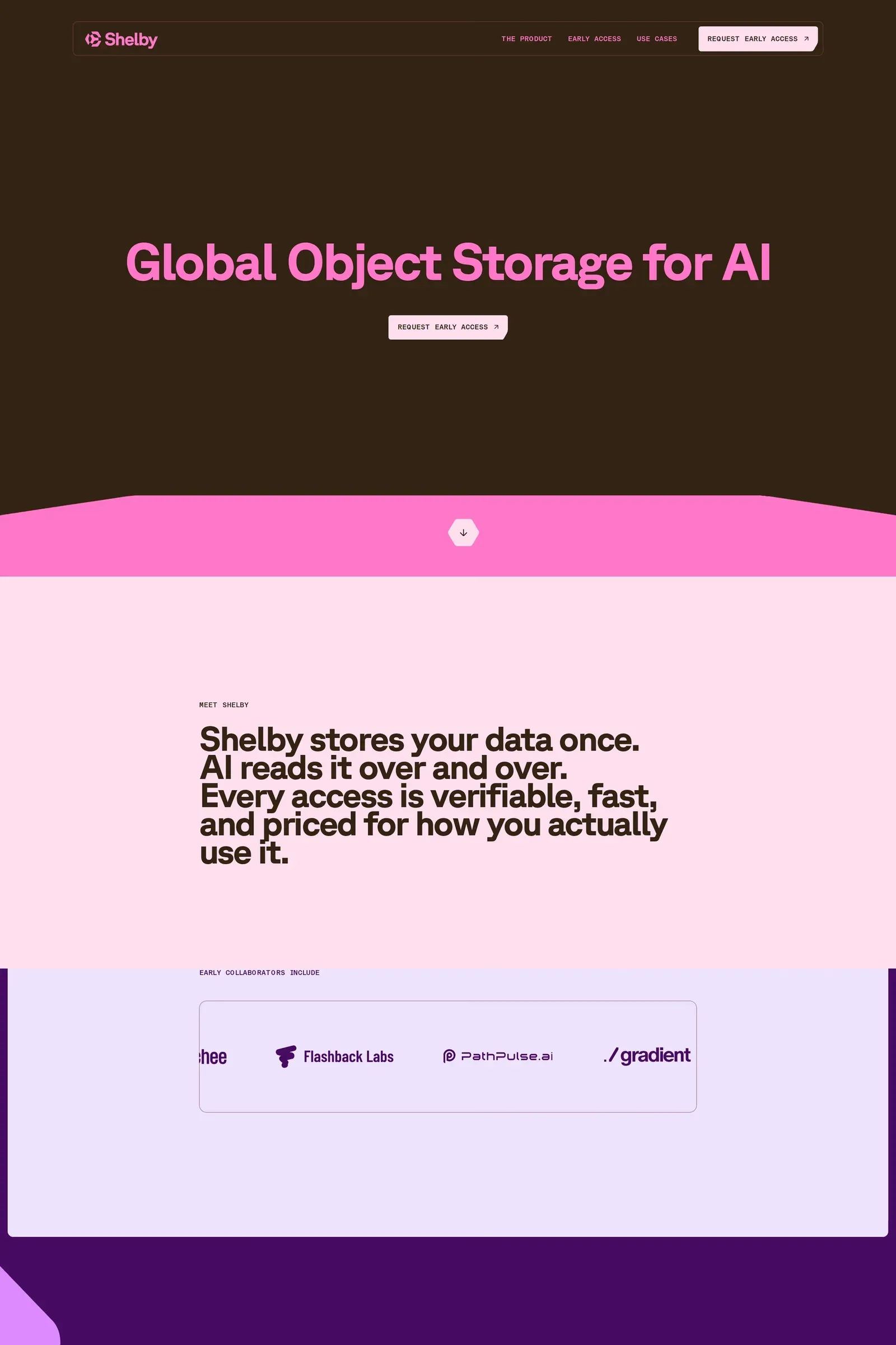 Shelby — screenshot of a fun Web3 and crypto landing page in pink and light pink