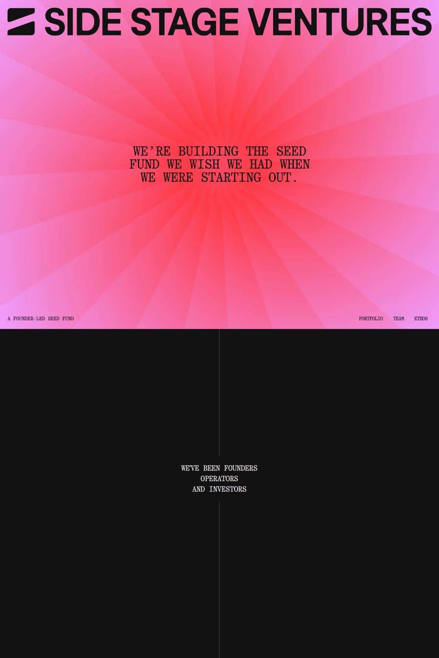 Sidestage — screenshot of a dark, typographic venture capital landing page in pink and red
